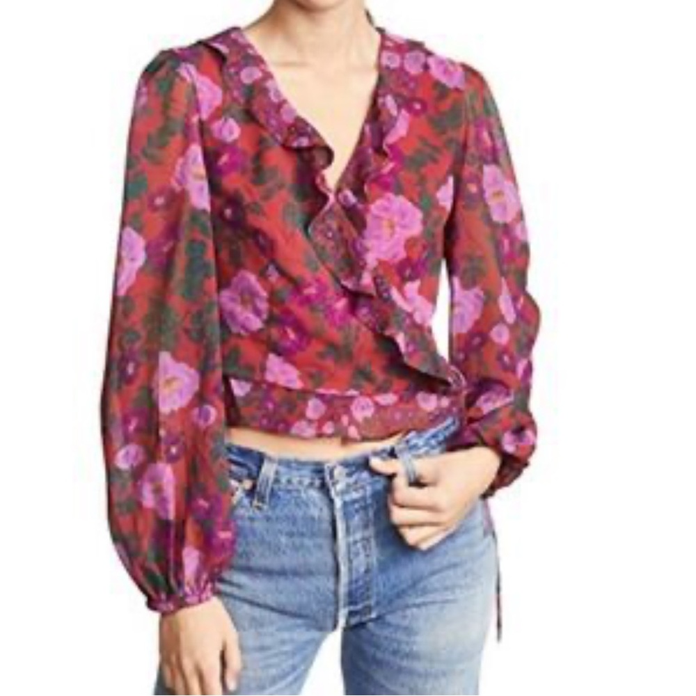 LikeNEW Keepsake The Label Revolve Floral Ruffle Wrap Sheer Puff Long SleeveTop